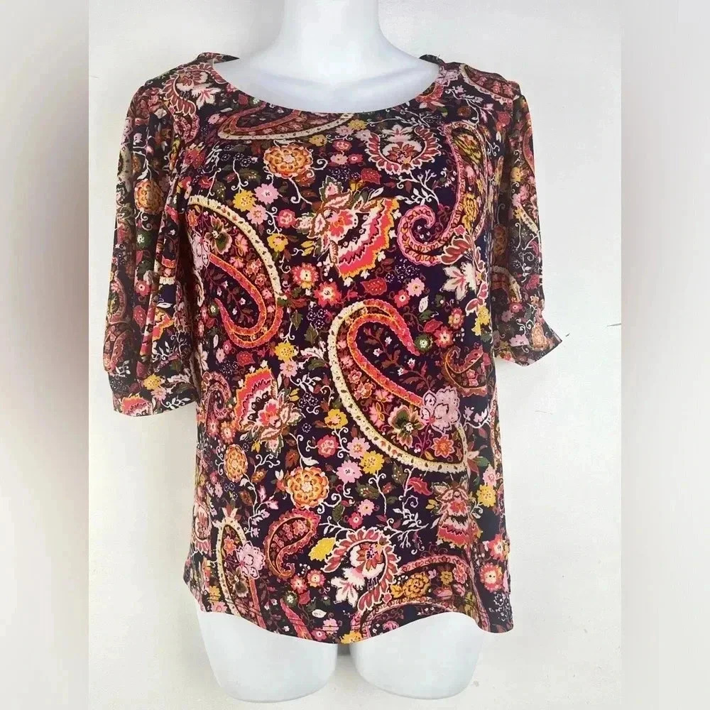 Cece Women's Paisley Print Crewneck Shirred Sleeve Knit Top